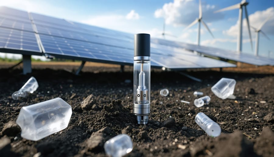 Close-up of a delta-9 THC vape cartridge and battery on soil with scattered plastic and metal debris; a blurred background transitions from an industrial extraction plant to solar panels and wind turbines, symbolizing environmental impact and sustainability efforts.