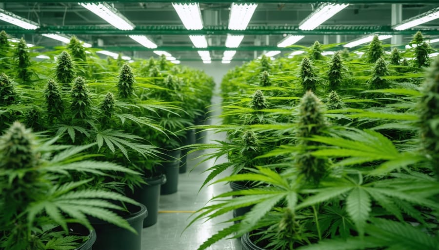 Industrial indoor cannabis growing facility with LED lighting and climate control systems