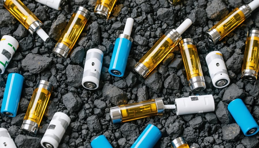 Overhead view of used THC vape cartridges and batteries showing electronic waste
