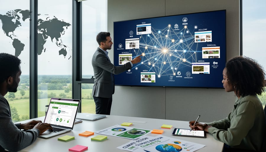 Person reviewing positive analytics data on smartphone with renewable energy infrastructure in background