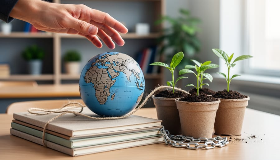 Small globe connected by twine to plant seedlings and notebooks on a wooden desk, contrasted with a short metal chain, with an educator’s hand poised above and a softly blurred classroom background.
