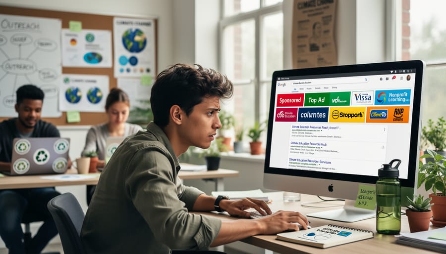 Professionals reviewing search engine results on laptop in modern office setting