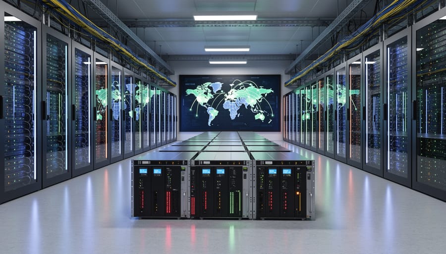 Interior view of modern data center with illuminated server racks and cooling systems