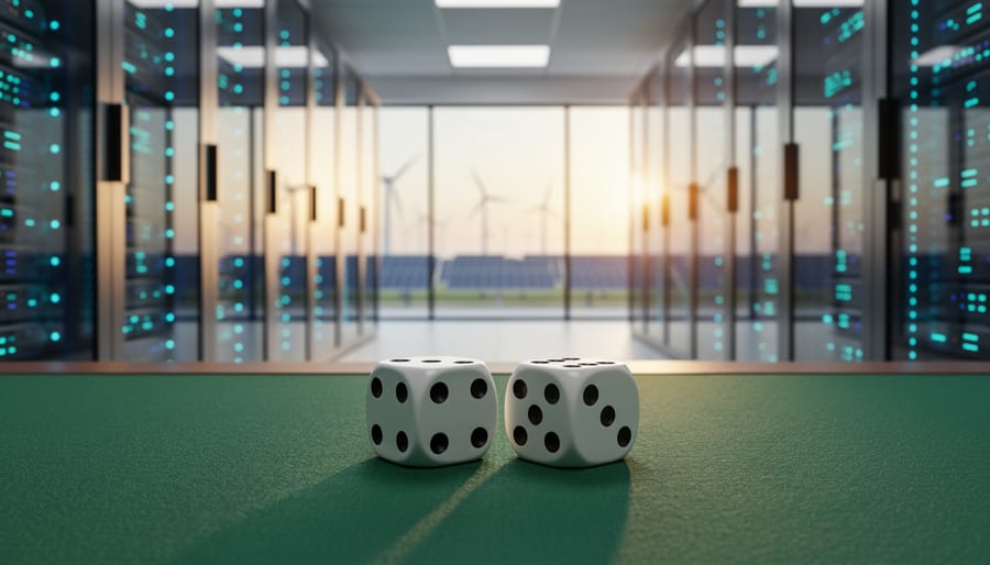 Two white casino dice on green felt in the foreground, a glass-walled data center with LED-lit servers behind, and distant wind turbines and solar panels at sunset, representing cleaner energy for online casinos.