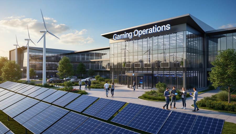 Solar panel array installed on commercial building rooftop with technical infrastructure