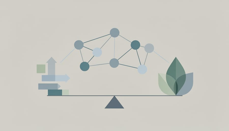 Balance scale comparing technology and sustainable growth representing strategic decision-making