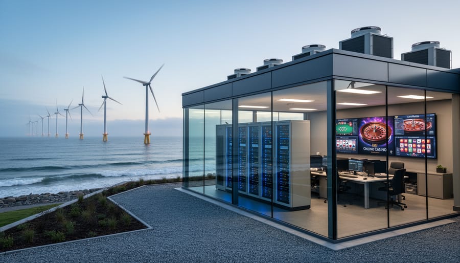 Aerial view of wind turbine farm in green coastal landscape during golden hour