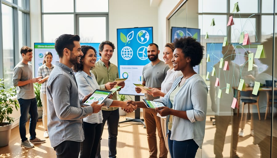 Professionals collaborating authentically on climate education strategy in office setting