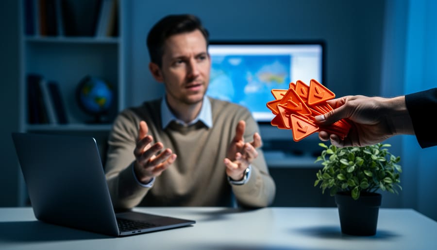 Person at a laptop in a home office hesitating while a shadowy hand offers orange plastic triangle tokens resembling upvotes; blurred bookshelf, globe, and screen in the background with no visible text.
