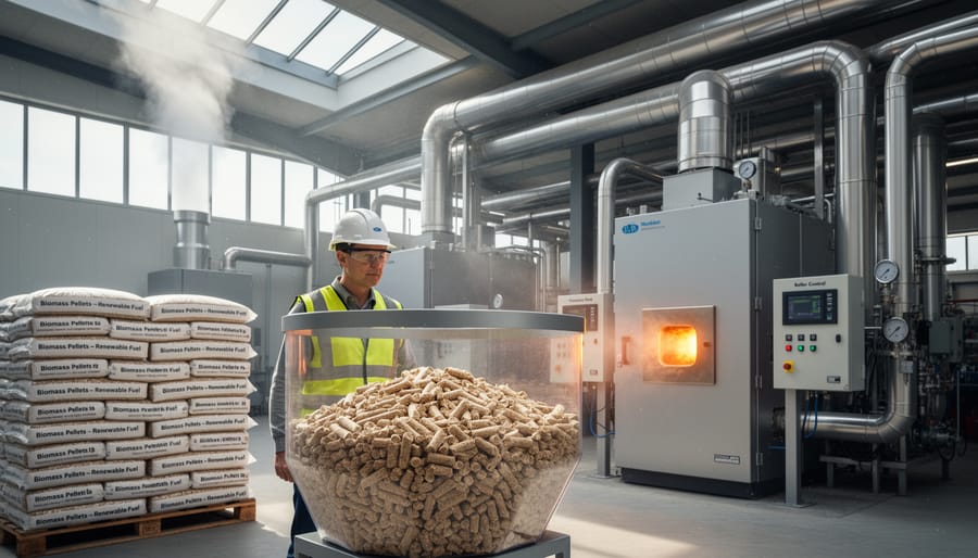 Biomass fuel pellets being loaded into industrial heating system