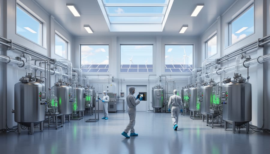 Modern cleanroom with stainless steel chemical reactors and technicians in sterile suits, with rooftop solar panels and a distant wind turbine visible through high windows, illustrating renewable-powered nicotine salt manufacturing