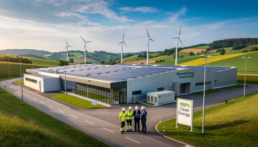 Aerial view of sustainable manufacturing facility with multiple renewable energy systems