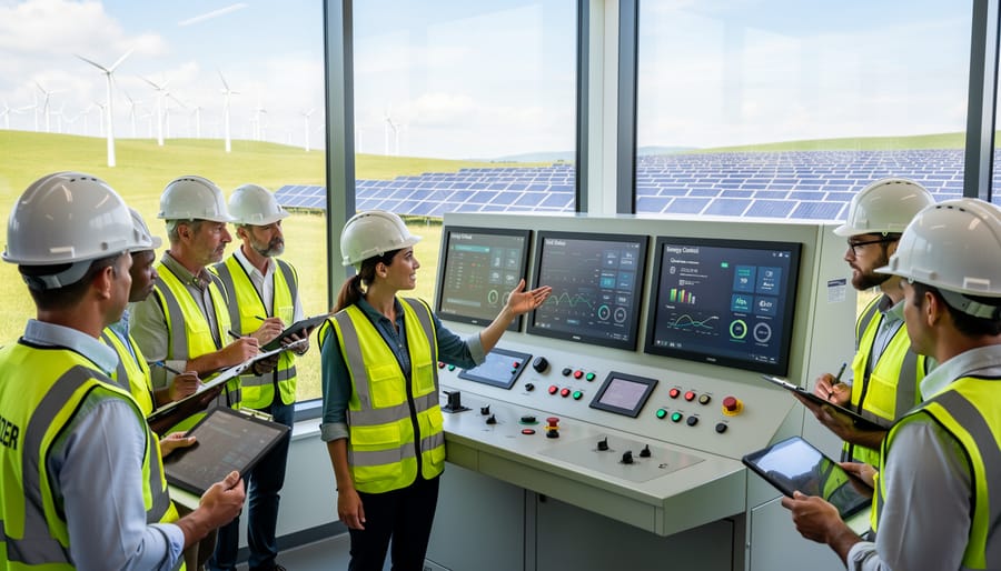 Factory workers and technician reviewing industrial energy storage equipment during training