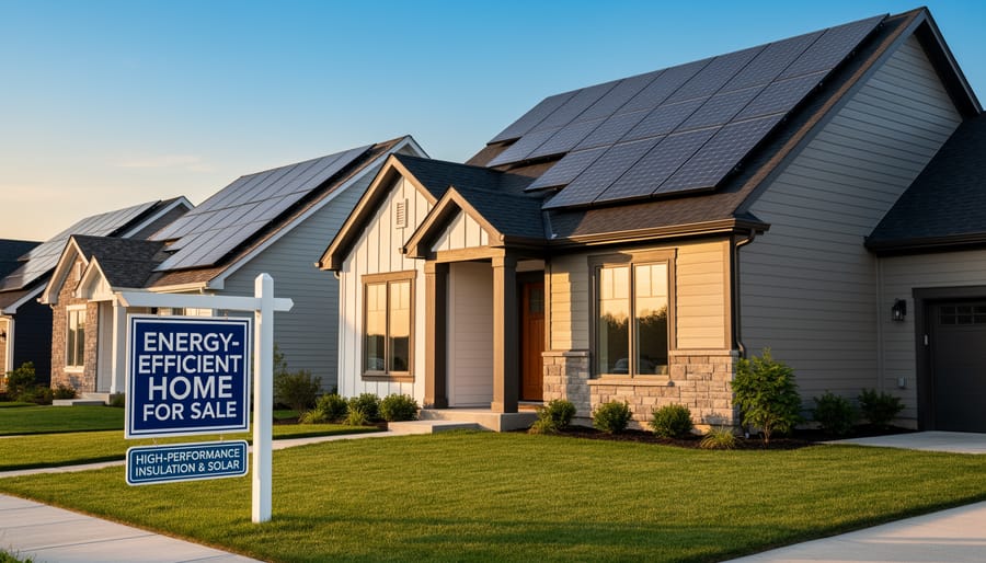 Modern energy-efficient home exterior with solar panels and large windows