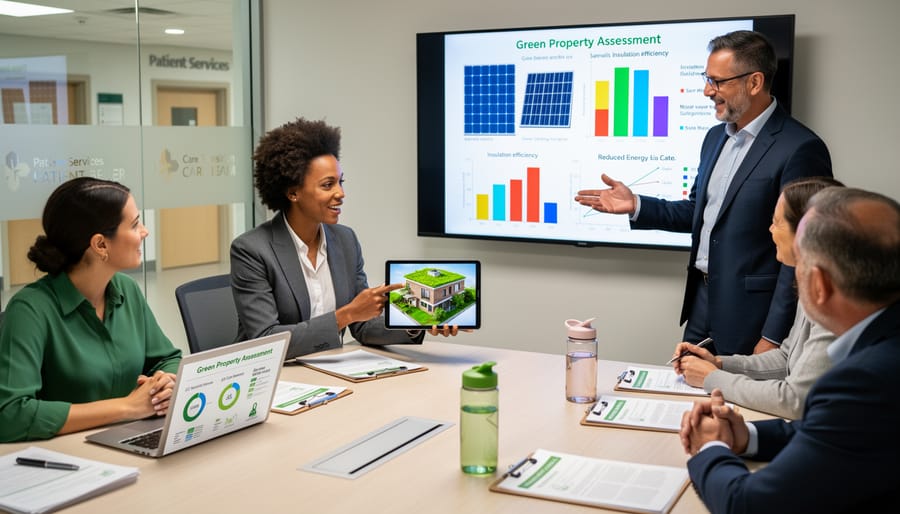 Real estate professionals consulting about energy-efficient home sale