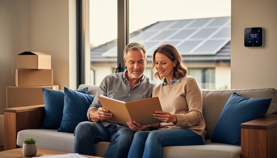 Couple on a sofa reviewing a folder of energy upgrade documents in a modern energy-efficient living room, with moving boxes, rooftop solar panels visible through the window, and a smart thermostat on the wall.