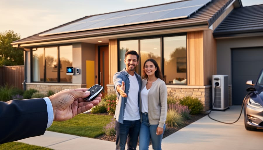 New family in energy-efficient home with natural lighting and sustainable features