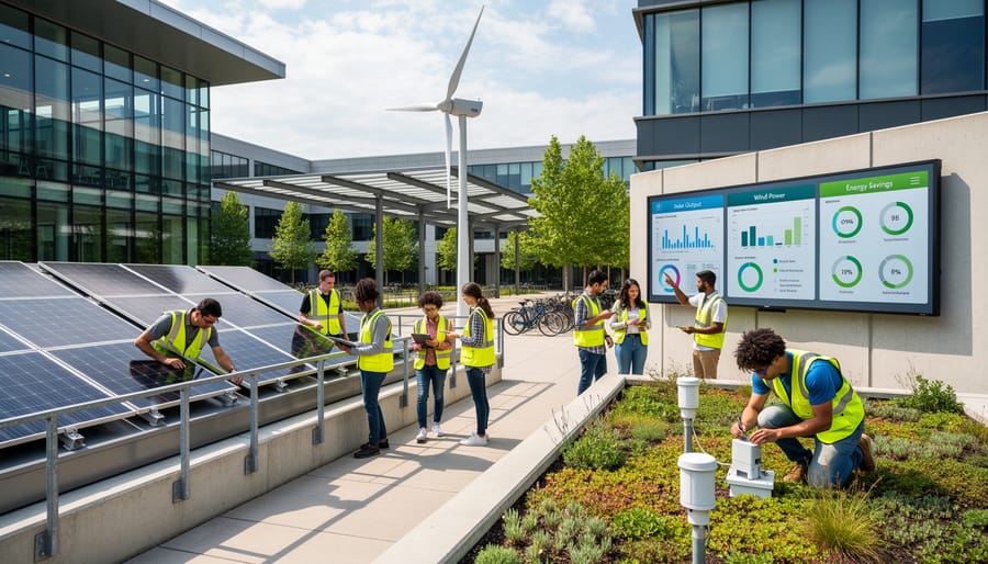 Modern university campus building featuring integrated solar panels and sustainable design elements