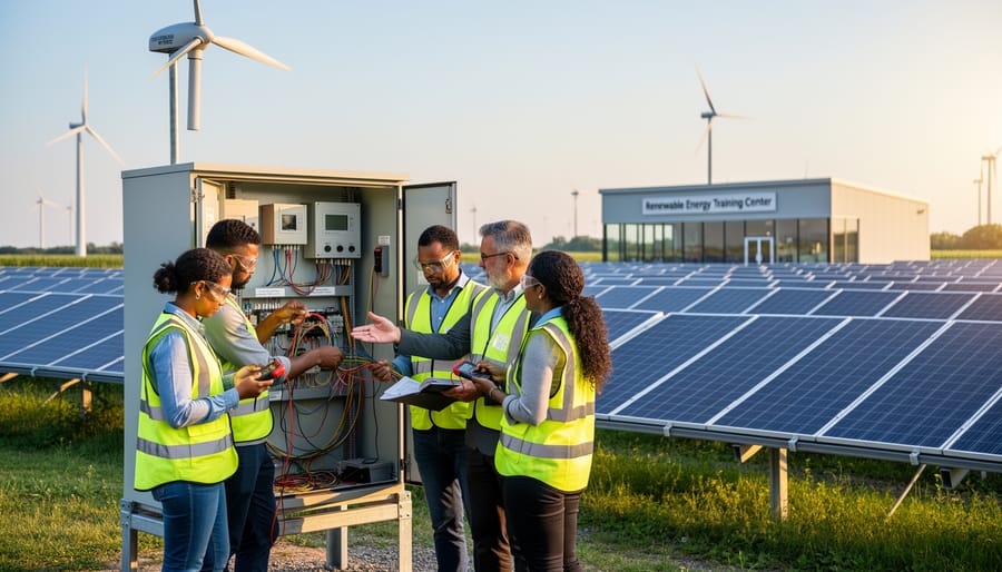Instructor guiding diverse trainees as they wire a microgrid control cabinet beside ground-mounted solar panels, with a small wind turbine and workshop softly blurred in the golden-hour background