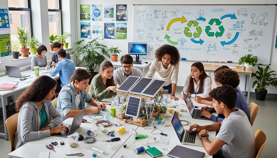 Students collaborating on wind turbine model project in university laboratory setting