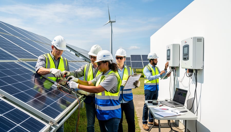 Group of professionals in safety gear examining solar panel installation during training session
