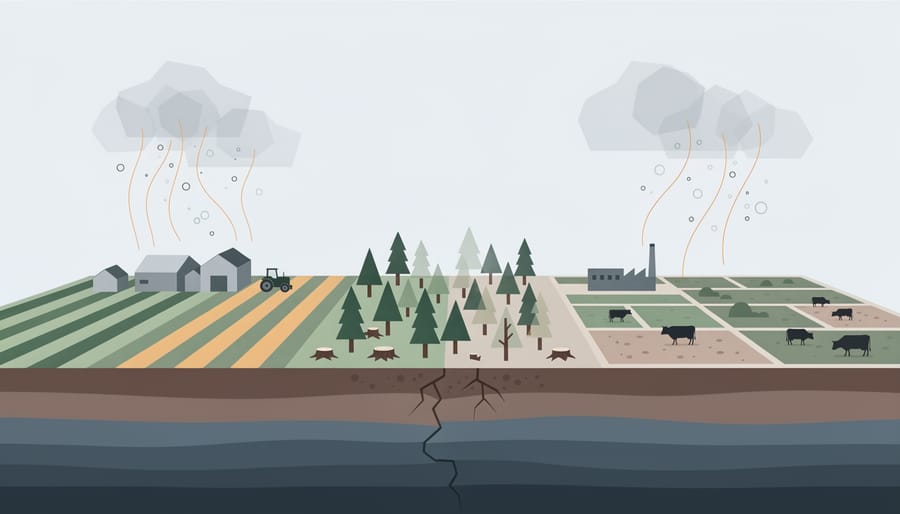 Soil and grazing field showing contrasts in land condition related to agriculture and land use