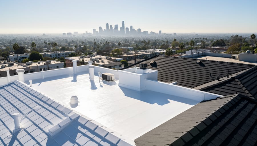 Side-by-side view of a white reflective rooftop and a dark rooftop under bright sunlight, illustrating differences in solar light reflection.
