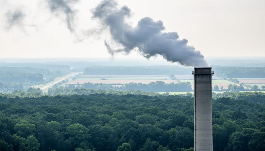 Industrial smokestack emissions drifting through the air above a forested landscape, suggesting human-caused climate drivers over natural surroundings.