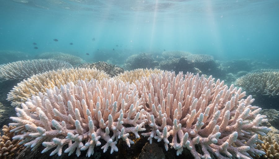 Bleached coral reef with pale white coral heads under filtered sunlight