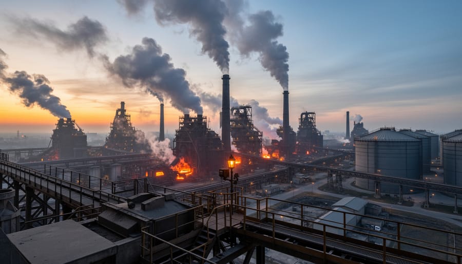 Cement plant kiln and emissions rising from industrial stacks