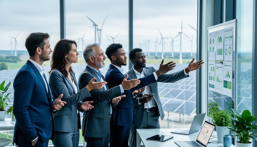 Diverse professionals collaborating in an office with renewable energy infrastructure, including a wind farm, visible through large windows.