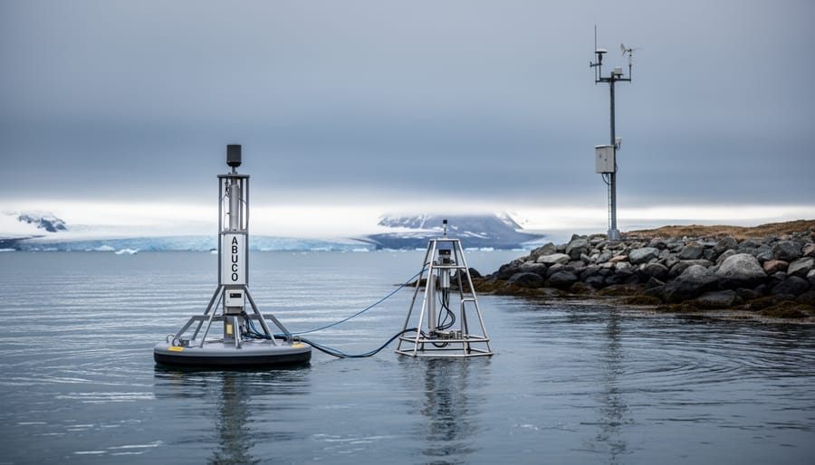 Climate research monitoring equipment near an ocean buoy on a coastline under an overcast sky, suggesting climate measurement across Earth systems.