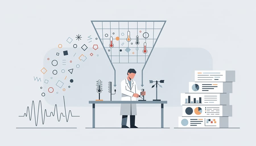 Scientist working in a climate measurement lab with instrument hardware and storage equipment