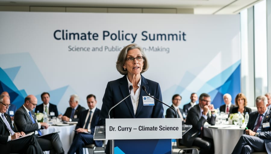Climate scientist figure speaking at an outdoor energy policy event with blurred audience in the background