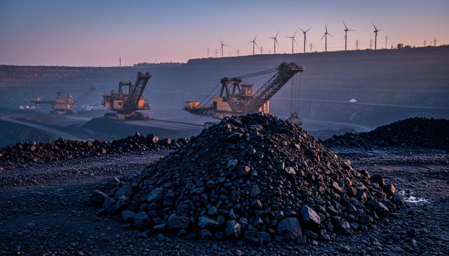 Foreground coal stockpile from an open mine with mining equipment in the distance and faint wind turbines on the horizon at dusk.