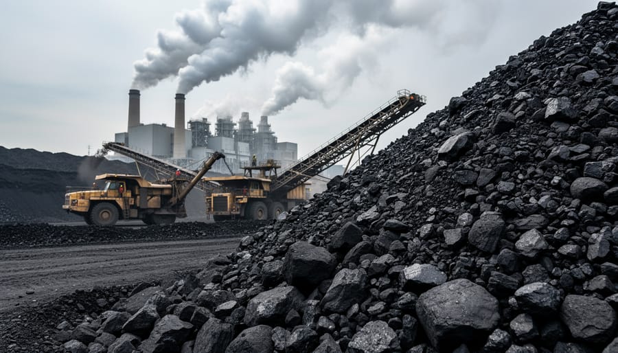 Gloved hands holding coal close-up near a steaming industrial area