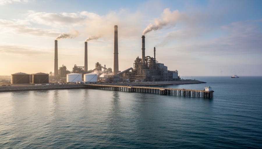 Smokestacks and ships near a coastal city at twilight, with atmospheric haze over the water