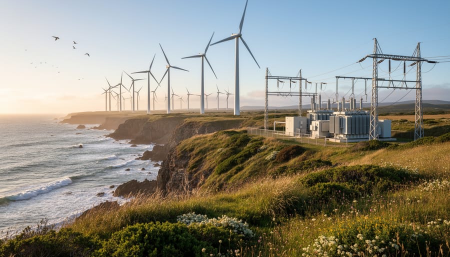 Wind turbines and an offshore substation along a coastline under cloudy daylight