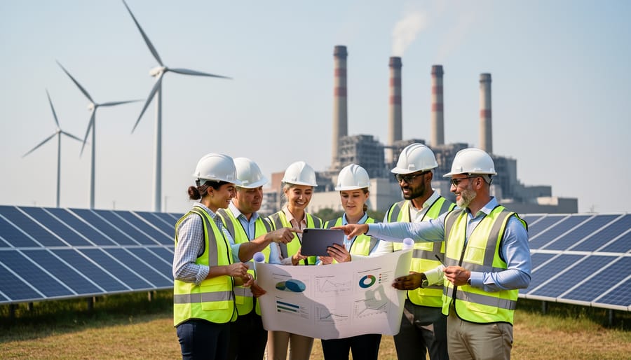 Engineers and workers standing near renewable energy infrastructure during golden hour