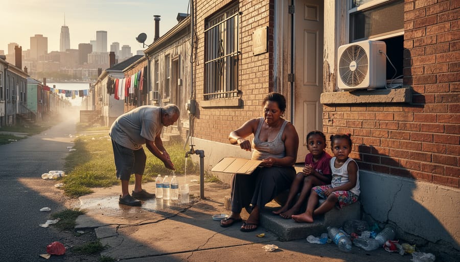 A family in a heat-stressed neighborhood tries to stay cool near a shaded doorway.