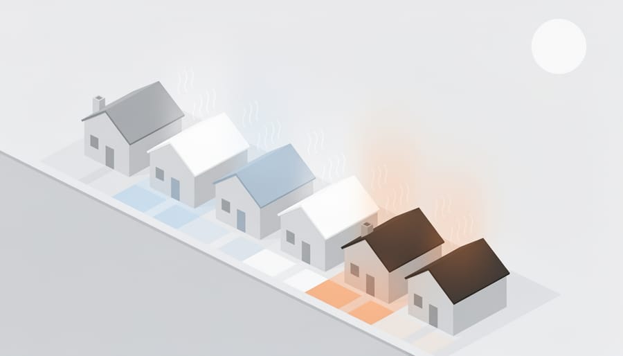 Reflective rooftop and pavement surfaces on a building under bright daylight.