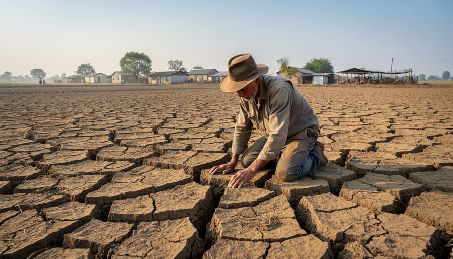 Farmers examine cracked dry soil in a drought-affected field.
