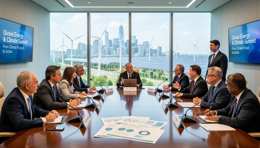 Energy professionals in a conference room discussing sustainability initiatives