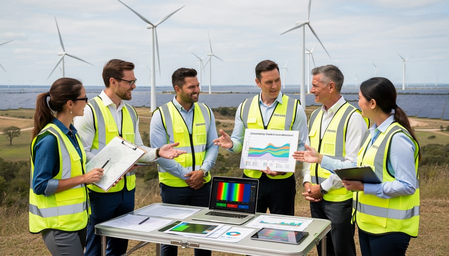 Energy professionals in hard hats collaborating near renewable power substation equipment