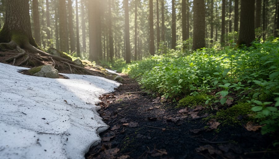 Forest edge with darker shaded ground and green foliage under soft overcast light.