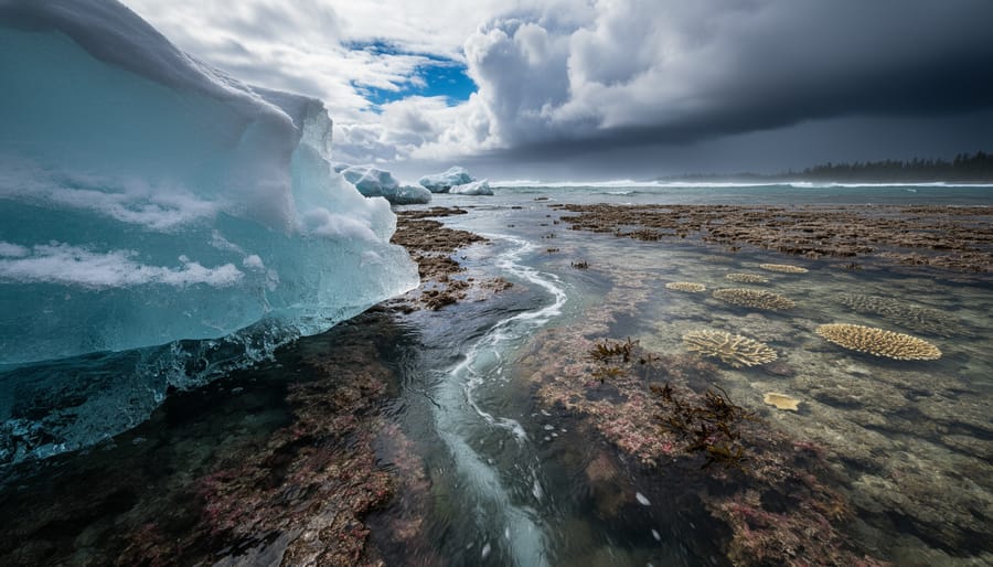 Meltwater draining from a fractured polar ice block toward stormy coastal waters while stressed coral reefs fade beneath the surface, symbolizing global warming’s environmental impact.