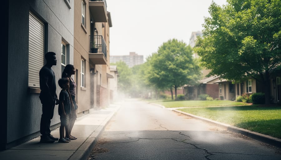 People near a hot concrete street with trees and shaded greenery in the background, illustrating unequal heat exposure in vulnerable neighborhoods.