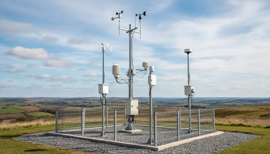 Ground-based weather station instruments on an open field under an overcast sky