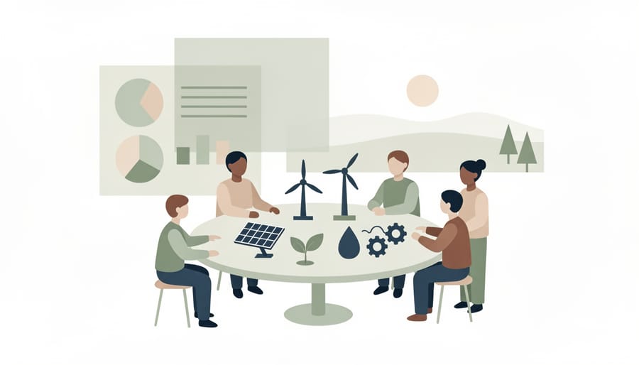 People participate in a hands-on climate and clean-energy training workshop with tools and components on a table.