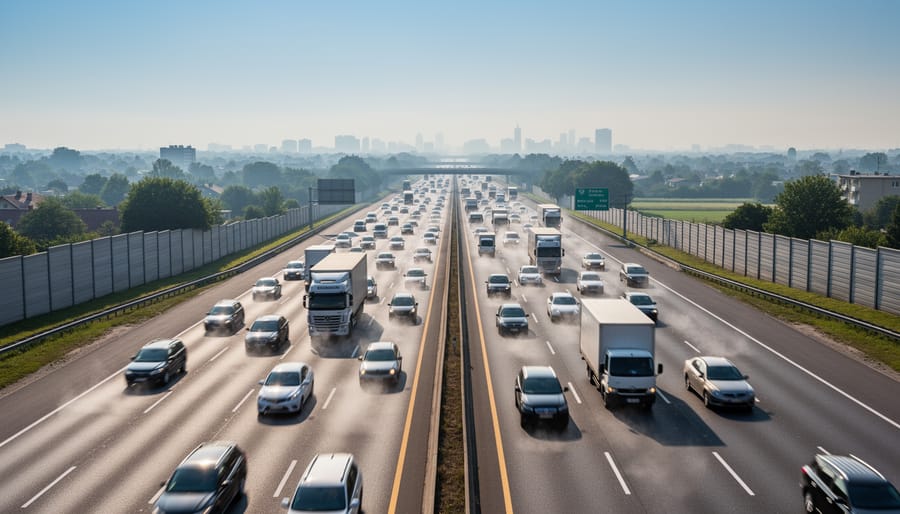 Cars on a highway emitting visible exhaust haze at dusk